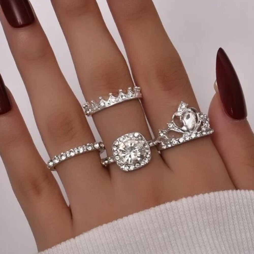 Royal Princess Crown Bling silver ring set